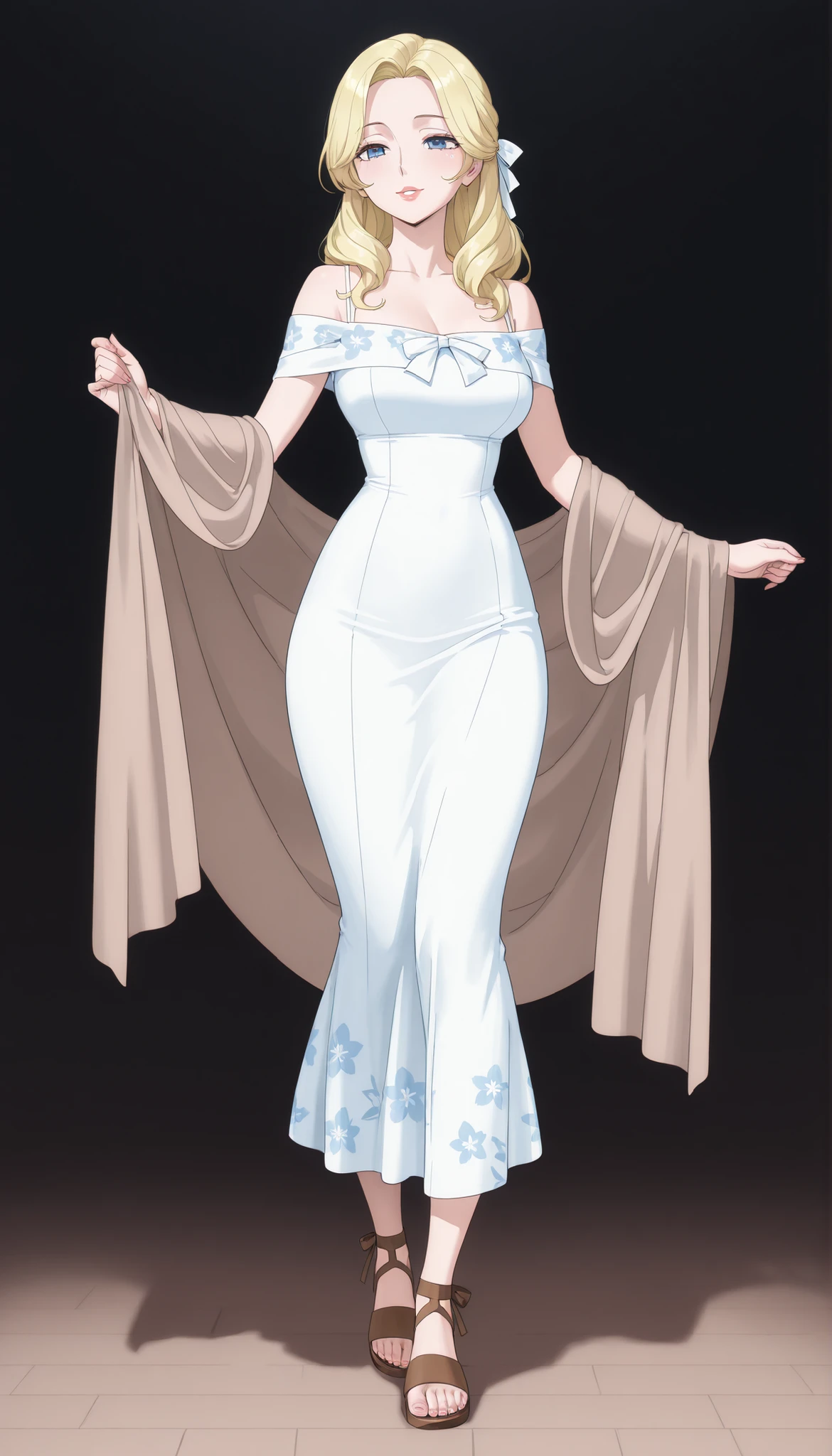 A mature beautiful woman with blond hair, extremely fair white natural skin, big blue-hazel eyes, red plump glossy lips, a small waist, and a perfect slim yet curvy body. She's only wearing a long ankle-length white floral dress with spaghetti straps, a brown thin shawl draped in an off-shoulder style, hair ribbon, and brown sandals. She's standing straight, kind smiling, and is in a garden. Show her full body and super hyper-detailed.
