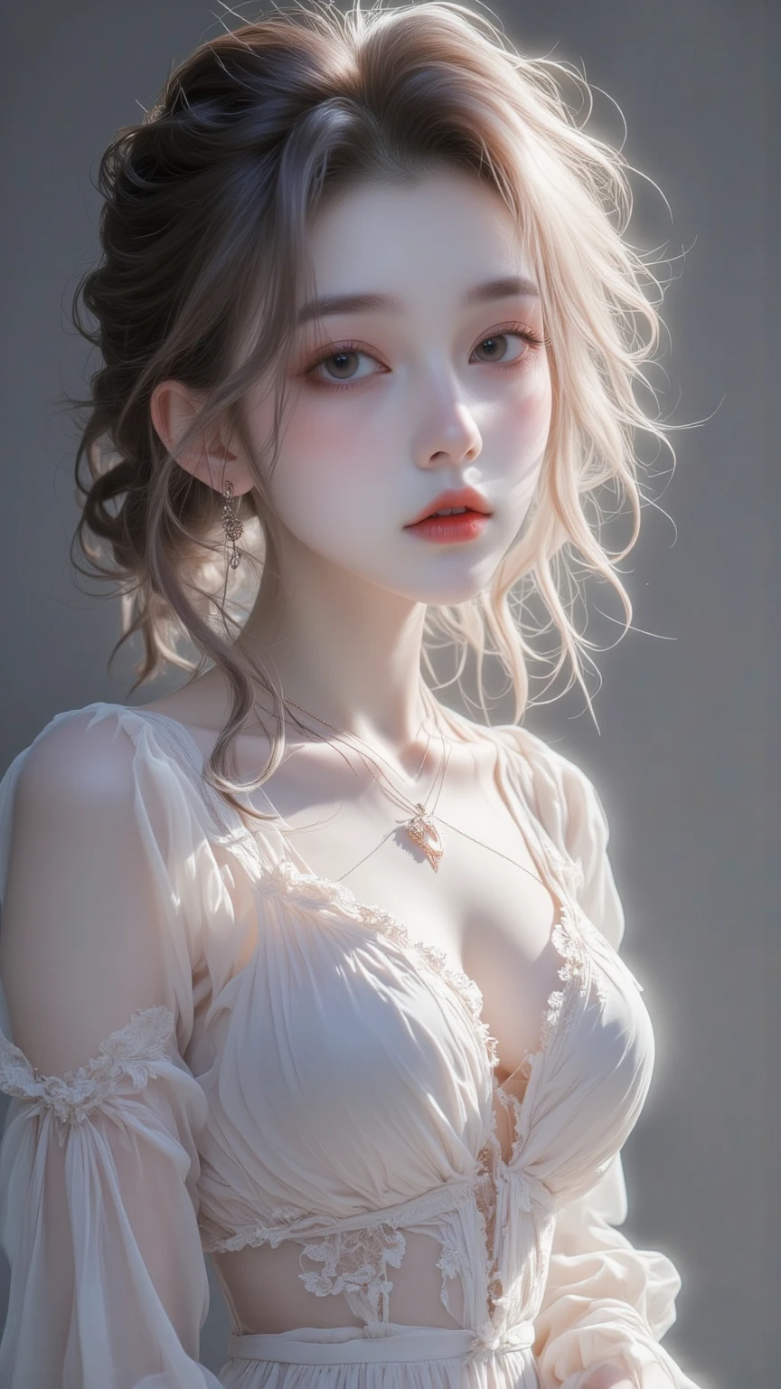 (highest quality、masterpiece、8k、Best image quality、Ultra-high resolution、Award-winning works)、A beautiful white-haired girl watches us from afar in the desert, Where light shines from the moon., wearing a simple black bra, tiny black short、Beautiful face drawn in every detail, (a real wolf next to her), (The wolf is very ferocious)