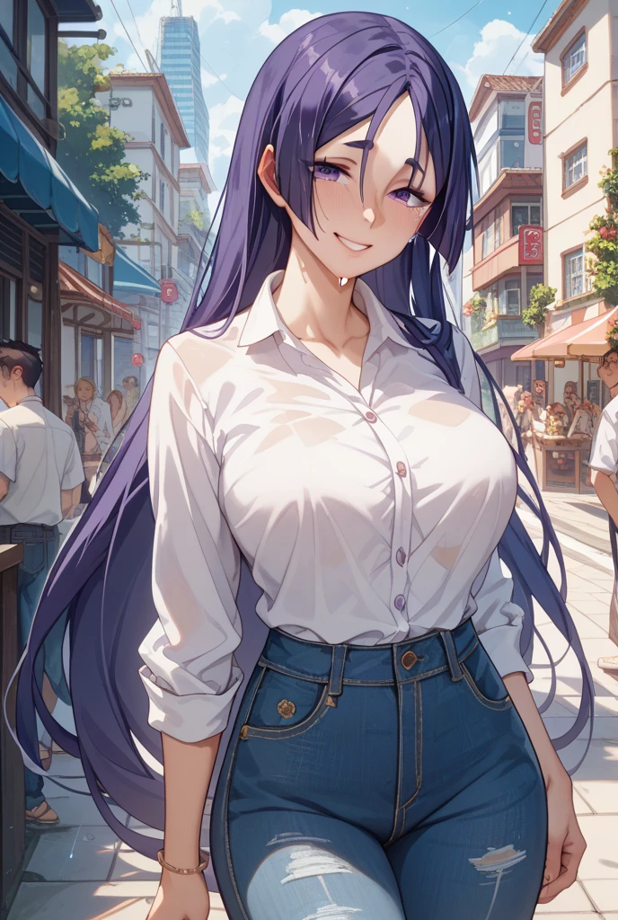 1woman, long braided dark hair, purple eyes, large chest, dressed v-neck t-shirt and denim, smiling and shy