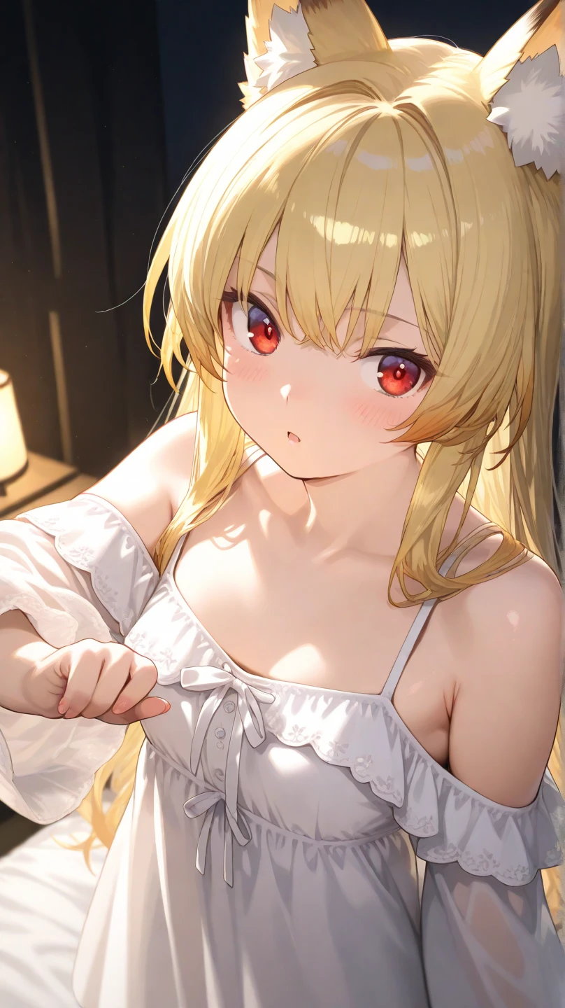 masutepiece, 1womanl, (((Solo))), of the highest quality, Hi-Res, 4K, cleavage, ((Sheer nightgown)), medium breasts, Red Eyes, a blond , Full body, earrings、ssmile