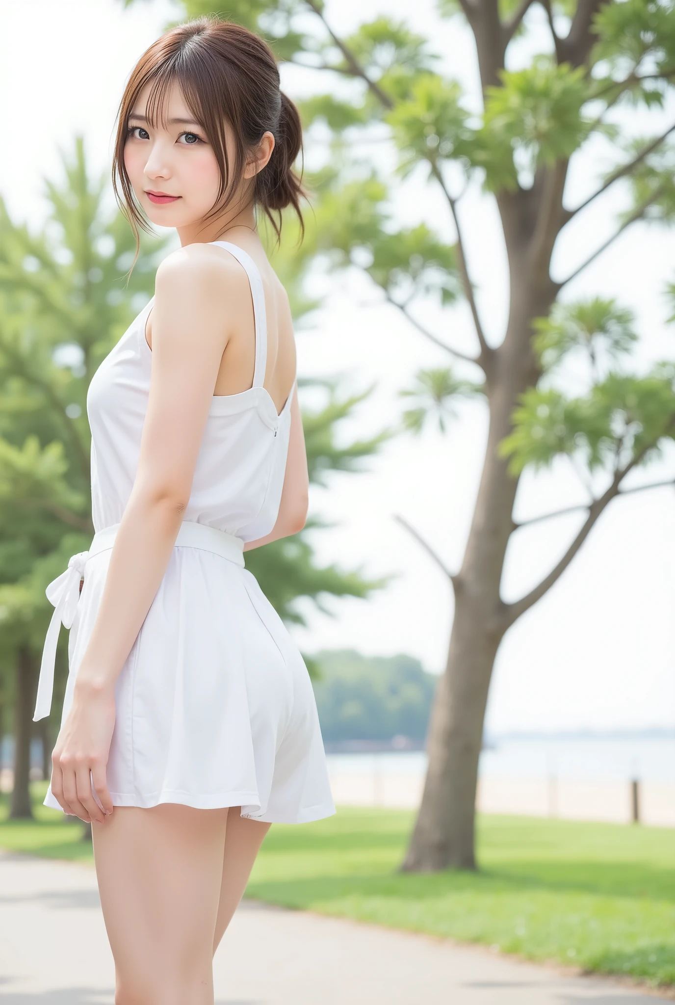 Innocent 20 year old girl、((White tank top, Dramatic poses)),Smile,short-cut,Natural park、Raw photo, (8K、top-quality、masterpiece:1.2)、(intricate detailes:1.4)、(Photorealsitic:1.4)、octane renderings、Complex 3D rendering ultra detail, Studio Soft Light, Rim Lights, vibrant detail, super detailing, realistic skin textures, Detail Face, Beautiful detail eyes, Very detailed CG Unity 16k wallpaper, make - up, (detailedbackground:1.2), shinny skin, Full body、cleavage of the breast,((Standing with hands folded behind your back、Leaning forward、Angle from above))