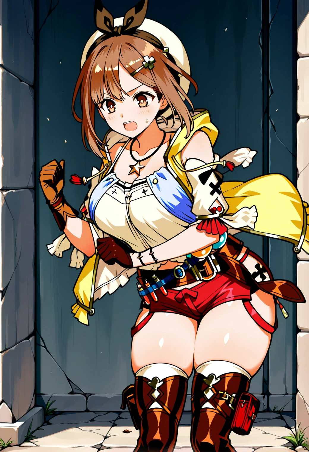 masterpiece,hentai anime character, I'm straddling a man's crotch, Ryza having intense cowgirl sex, (((Aggressive vaginal sex: 1.2))), favorite,Bounce and shake wildly,, 32K,Super detailed,Ultra-detailed,Big Breasts, Vibrant breasts, Short brown hair, shirt, Shorts, Red shorts, White Beret, Black knee socks, Ryza outfit, loungewear, {{A biological weapon that preyed on the sleeping Ryza and transformed into her appearance, Big bouncing}}, Shake violently, Overall view, Town, NSFW