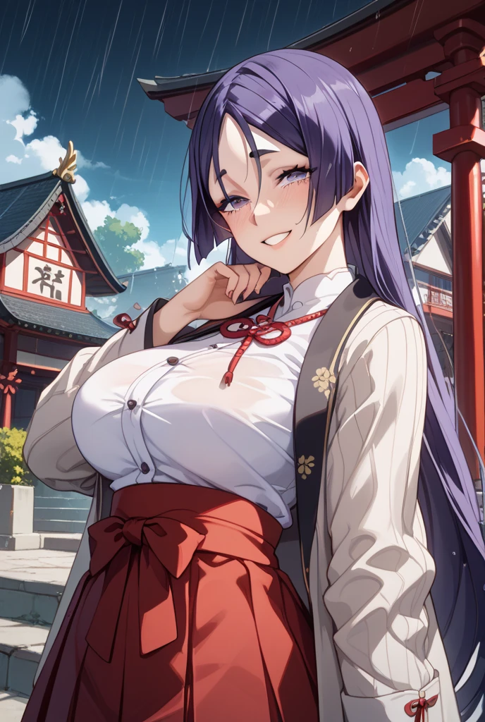 highest quality, Tabletop, (Lean forward:1.2), One girl, yuzuriha_(jigokuraku), Purple Hair, Brown eyes, Ninjattista, Open the clothes, Cleavage, Small breasts, Topknot, Medium Hair, Let go of my chest, Captivating smile, (blush:1.1), Appearance of the Japan, Temple, 戦国時代の都city, city (Viewer discretion advised 1.1), into the body