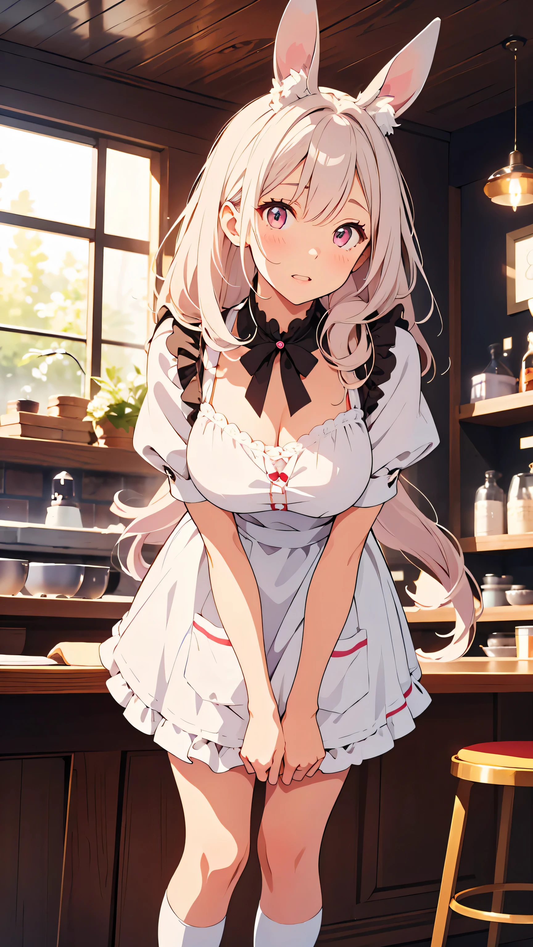 masterpiece, best quality,  blurry background,  (( Fine line drawing:1.3)), 非常にdetailsな,  details, high resolution, 8k Wallpaper, Perfect Dynamic Composition:0.5, Biologically Accurate Skeletons and Limbs, Beautiful Eyes with Attention to Details, [[Lily], (20-year-old woman, adult), height 155cm, (natural large breasts:1.3),E-cup, soft breasts, soft and fluffy body shape, sweet and clumsy café waitress, medium white hair with fluffy waves and bangs, (うさぎの長い丸耳, ふわふわな耳, white rabbit ears), (pink and white maid dress, simple design, lace apron, knee-high socks), round pink eyes, curled long lashes, soft white skin, round bone structure, ふんわりした雰囲気], natural colored lips, ((leaning forward)), cowboy shot, from below, ddyuika,