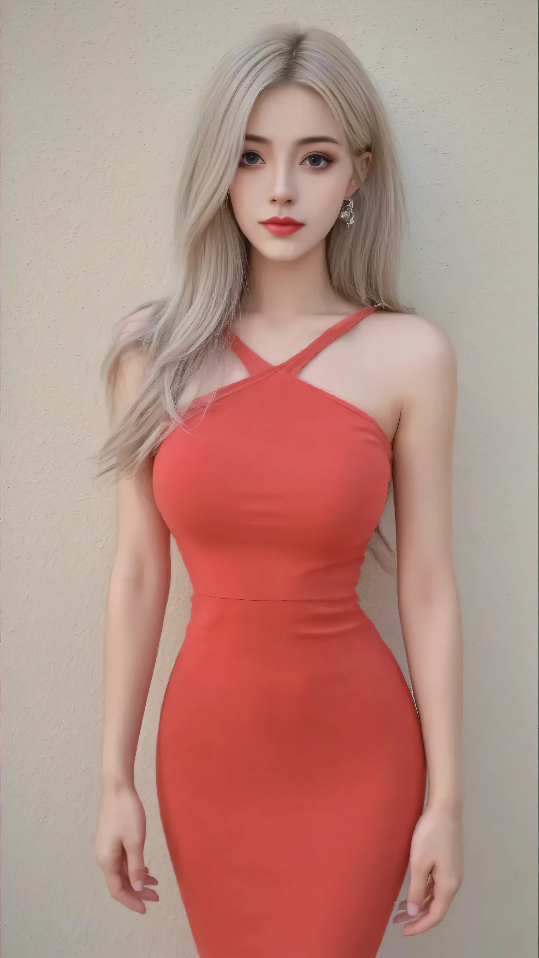 ( masterpiece, best quality:1.2), meo girl ,walking in the street, full body shot, Closeup of a woman in a red dress posing for a photo, realistic perfect body, slim fit dress, skinslim fit dress, Sexy dress, Photograph realistic full body photo , Succubus in tight skirt, 臀部好长腿 , Full body model ,