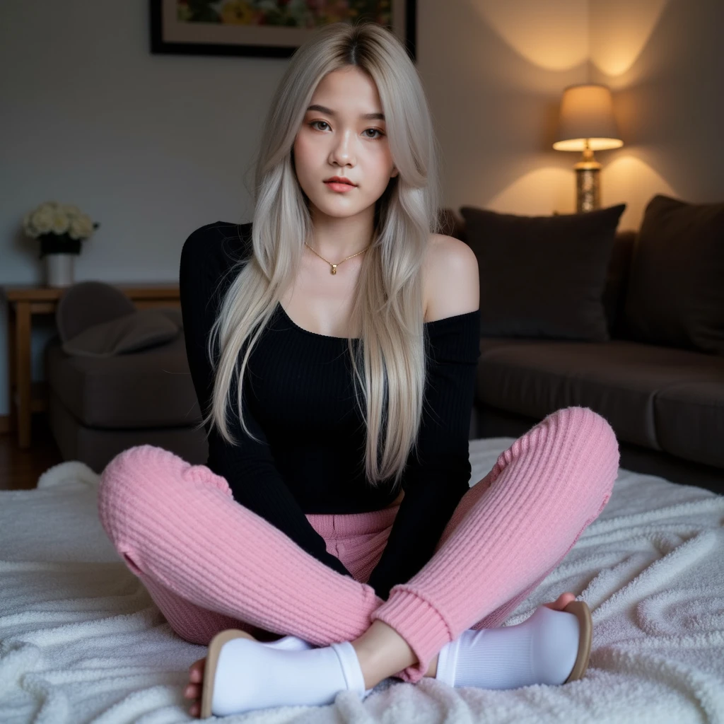 Solo, long straight white hair, big blue eyes, small breast, looking back, red sweater, red socks, light bule panties, cozy room.