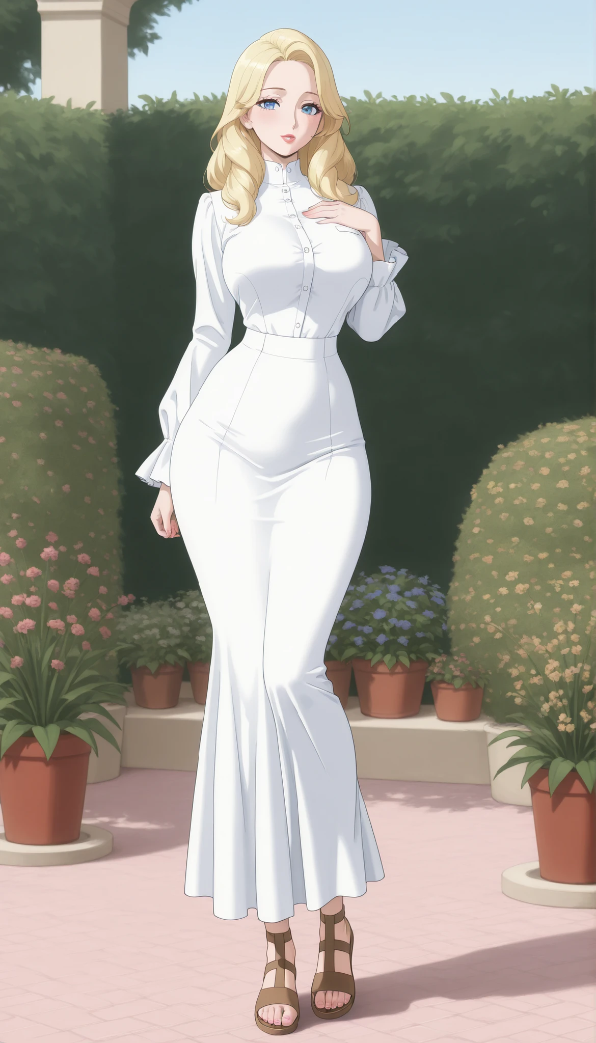 A mature beautiful woman with blond hair, extremely fair white natural skin, big blue-hazel eyes, red plump glossy lips, a small waist, and a perfect slim yet curvy body. She's only wearing a long ankle-length white garment with full sleeves, chest buttons, and brown sandals. She's standing in a garden, one hand on her chest, with a plain expression. Show her full body and super hyper-detailed.