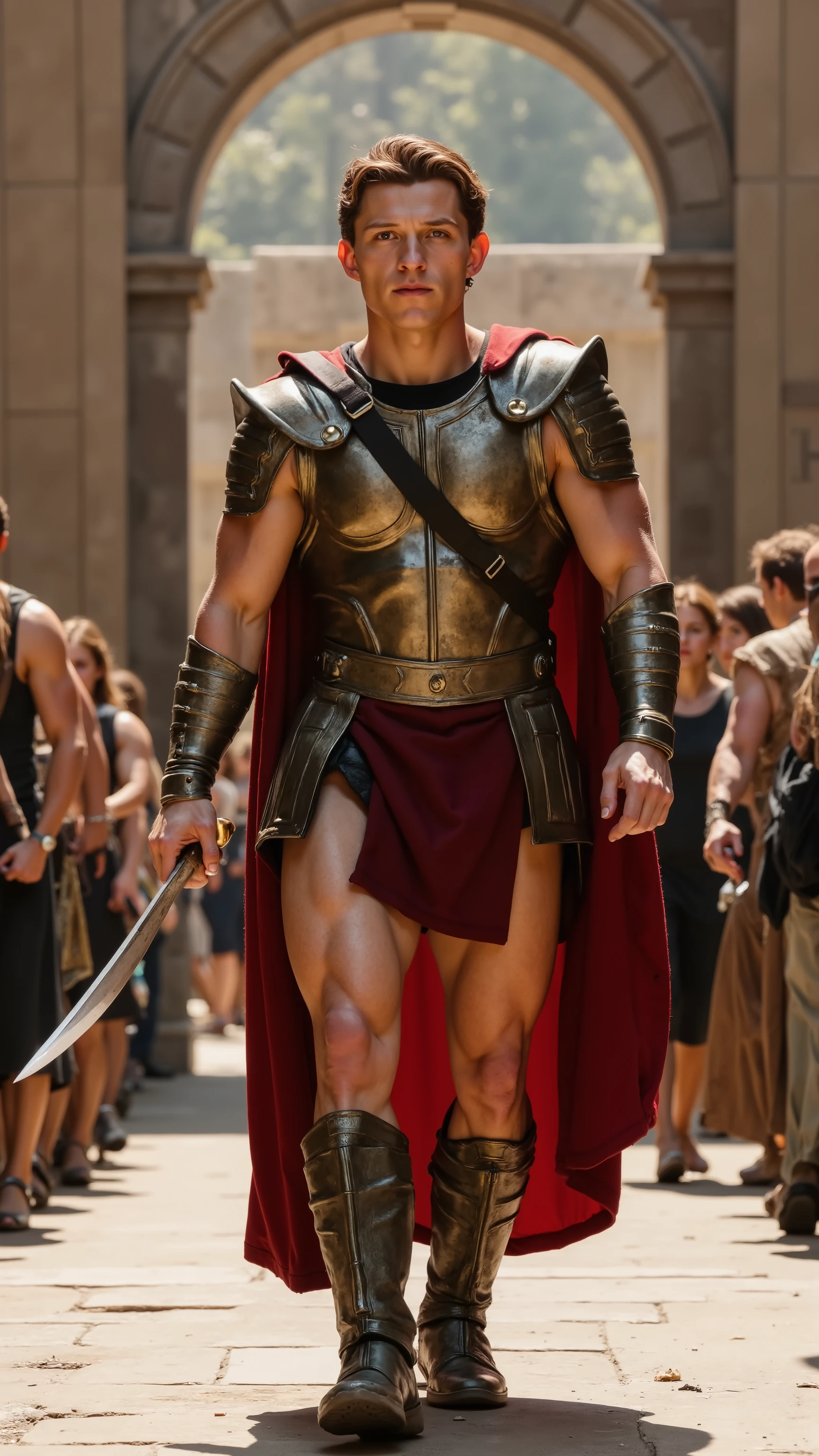 Tom Holland reimagined as Gladiator walking and holding a short Roman dagger, 1 male, short brown hair, boyish but defined face, agile build, wearing light gladiator armor with bronze plates, leather straps, and a red shoulder cloak. In his hands he holds a short Roman dagger with polished blade and ivory handle, shows his male character's full figure, athletic body, perfect face, full body, extremely beautiful, god, male shape, perfect anatomy, the background showcases a crowded arena corridor with sunlight beaming through stone arches on a sunny day, luxurious and appropriate to the era and style, photorealistic, masterpiece, realistic, high contrast, 8k, HD, high definition detailed, detailed, hyper detailed, realistic skin texture, best quality, ultra high resolution, hyper realistic, no text, very detailed eyes, dramatic lighting.