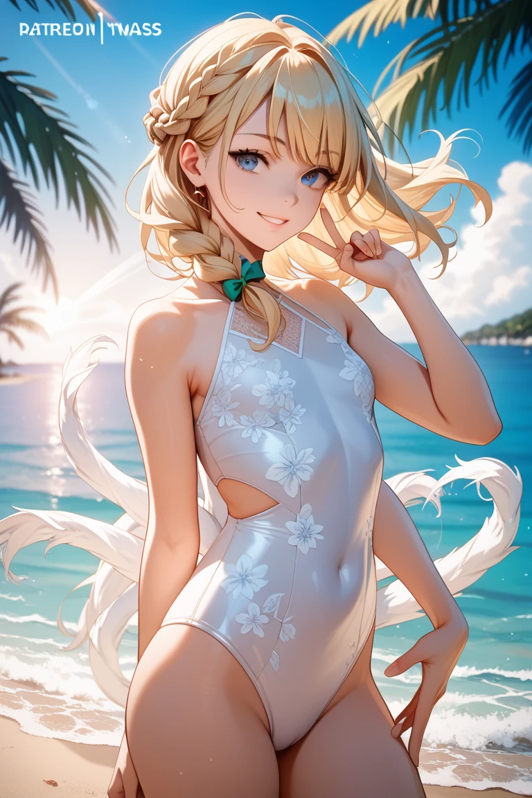 absurderes, hight resolution, (Official art, Beautiful and aesthetic:1.2), best qualtiy、(1womanl:1.9)、(独奏:1.8)、ultra-detailliert,bright colour, Anime Face、extremely beautiful detailed face and eyes,25-years old、under the water、mare、splash water、Swim、getting wet、rays of sunshine、glowing particles、(Lens Flare:1.4)、Shy laughter、(Platinum blonde short hair,low twintails:1.4)、Shiny hair、Medium Breasted、(Deep Blue Eyes:1.4)、Happy smile, shiny_skin,blush、put out the tongue,one eye closed,(hair clips), earrings, (Swimsuit), Clothes, Beautiful cloud,Blue sky,、(Cowboy Shot:1.3)、