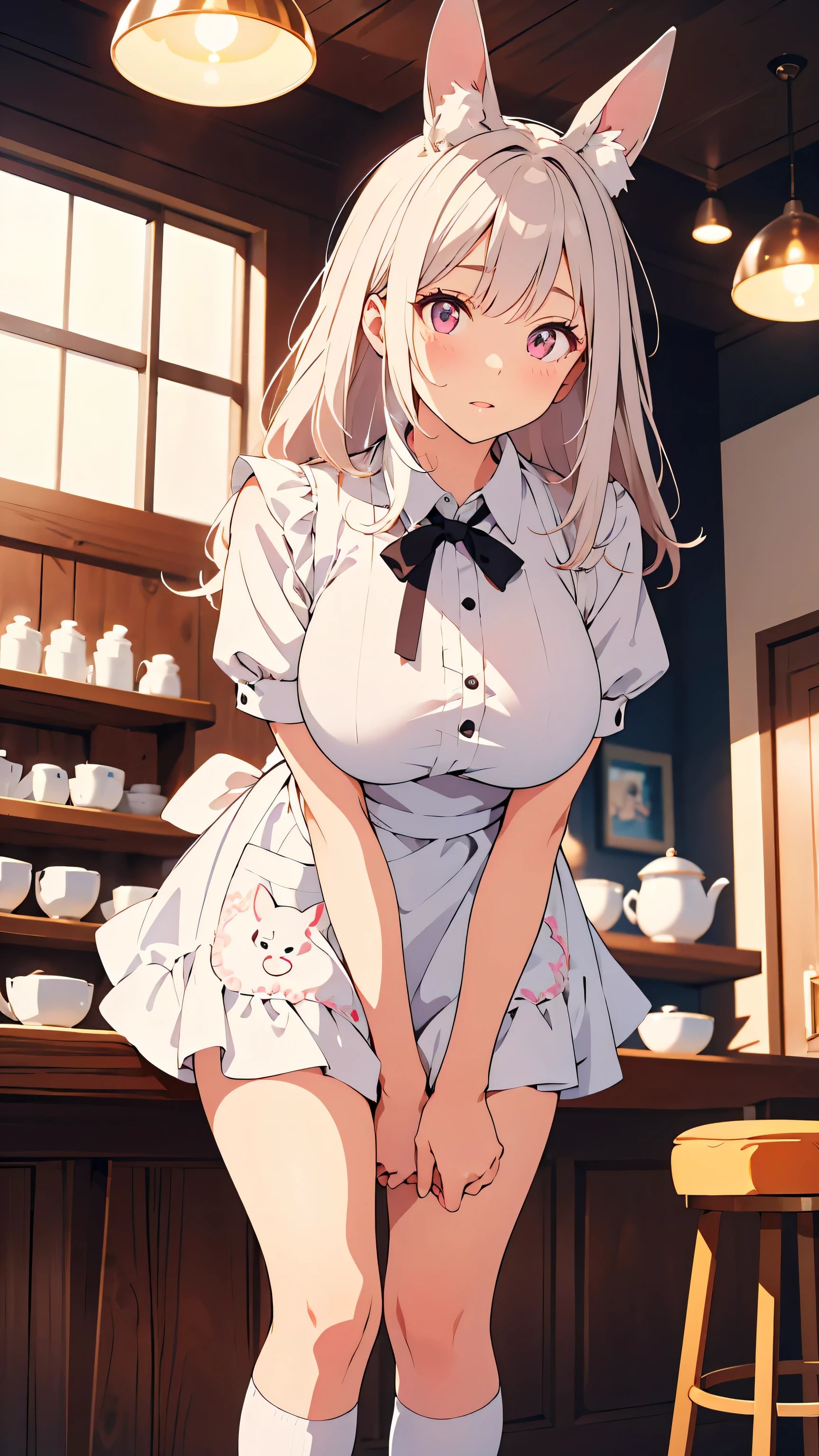 masterpiece, best quality,  blurry background,  (( Fine line drawing:1.3)), 非常にdetailsな,  details, high resolution, 8k Wallpaper, Perfect Dynamic Composition:0.5, Biologically Accurate Skeletons and Limbs, Beautiful Eyes with Attention to Details, [[Lily], (20-year-old woman, adult), height 155cm, (natural large breasts:1.3),E-cup, soft breasts, soft and fluffy body shape, (sweet and clumsy café waitress), medium white hair with fluffy waves and bangs, (うさぎの長い丸耳, ふわふわな耳, white rabbit ears), (pink and white maid dress, simple design, lace apron, knee-high socks), round pink eyes, curled long lashes, soft white skin, round bone structure, ふんわりした雰囲気], natural colored lips, ((bent over)), cowboy shot, from below:1.2, ddyuika,