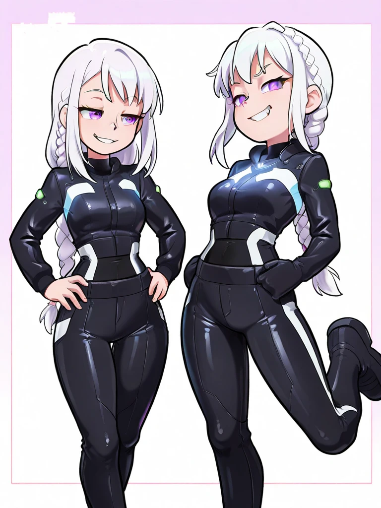 smoky white hair, platinum-gray eyes with a purple undertone, her hair is braided in a slightly loose ponytail, an unusual tight-fitting suit, flirtatious smile, accessories, bike suit, sport suit, military uniform