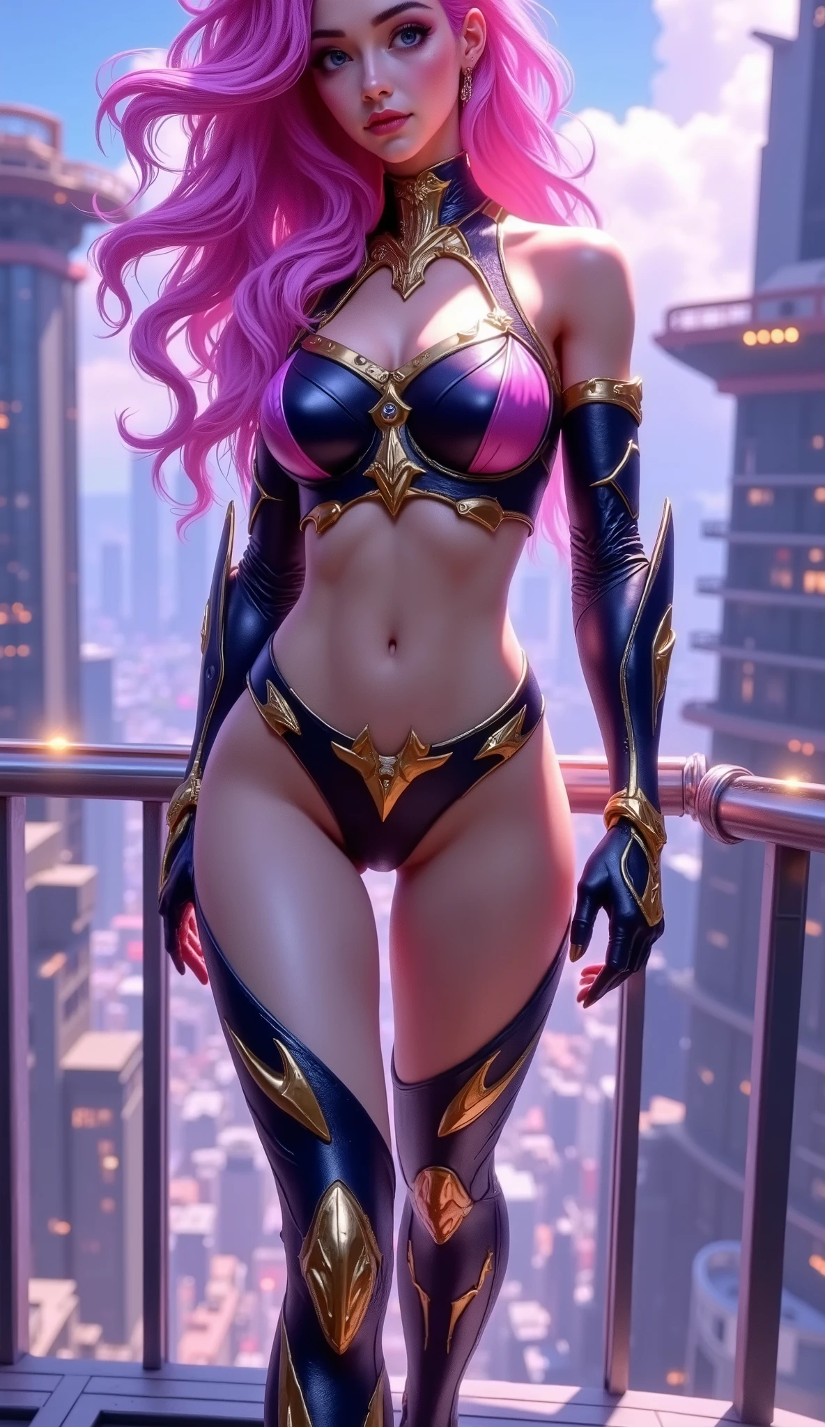 beautiful woman . My eyes are sky blue, my mouth is lilac, and my hair is long and green. .golden lycra suit violet cape. with burgundy wings athletic body slim waist large breasts large buttocks . black Horse