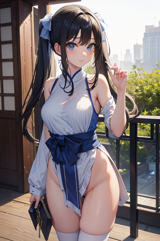 Masterpiece, 1 beautiful girl, fine eyes, puffy eyes, the highest quality, 超high resolution, (reality: 1.2), film lighting, Chun Li, Asian beauty, Chinese, super beautiful, beautiful skin, body facing forward, full body, (high resolution), (8K), (very detailed), (美しくfine eyes), (super detailed), (wall), detailed face, bright lighting, professional lighting, looking at the viewer, looking forward, slanted bangs, masterpiece, the highest quality, masterpiece, the highest quality, perfect face, perfect brown eyes with white sclera, single, 1 girl, upper body, brown hair, Chinese service, smile, wide hips, muscular woman, big legs, blue qipao, white belt, red pants, bun cover, girdle, evaluation: safety