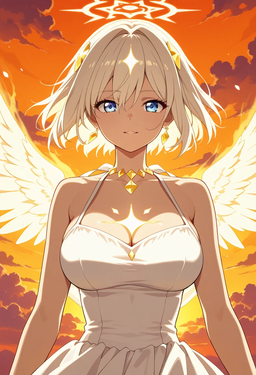 1girl,solo,super detailed skin,shiny skin,wet oily skin, expressionless, majestic wings,angelic skin, detailed eyes,eyelashes,lips gloss,beautiful nails  ,large breasts,beautifully shaped breasts, majestic halo,aura,vibrant colors,point at viewer,wide shot,cameltoe,masterpiece,best quality,ultra detailed,high resolution,sharp focus,depth of field,