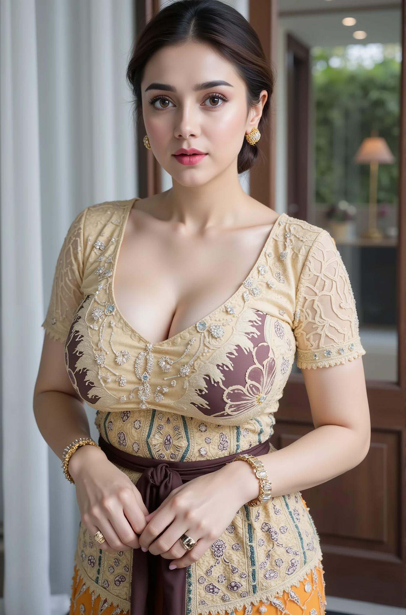 Indian woman, alone, dhoti, have, realistic, looking at the viewer, Light-coloured black eyes, Brunette short bob hairstyle with highly detailed shiny hair, hair with bangs, Big eyes, big chest, look at the audience, beautiful, ideal body, Huge chest, cleavage, decent happy, beautiful teeth, sexy legs, no bra covering body with dhoti