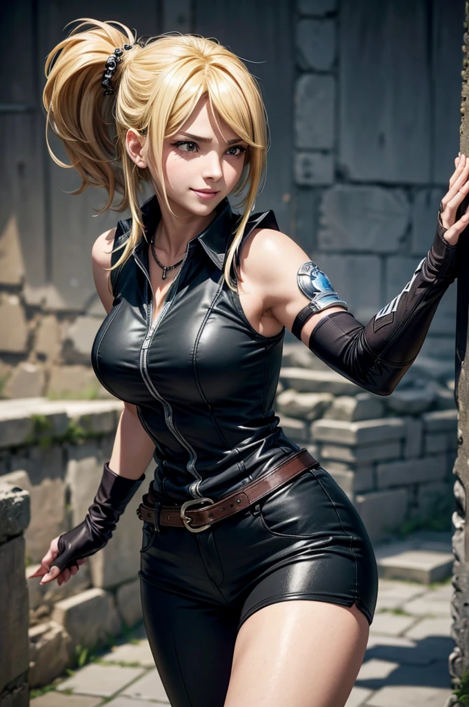 ((best quality)), ((masterpiece)), (detailed), 1 women elf-draconical heavy warrior, 8k_wallpaper, extremely detailed eyes, (large masterpiece digital art), (intricate details:1.3 ), (ultra-detailed:1.3), (sharp focus:1.3), (natural lighting:1.05), (vivid colors:1.3), (best quality:1.4), high quality, expressive eyes, full body, detailed face, beautiful face, perfect face, ((hair sandy white curls)), ((dragon dark horns)), (gold eyes), {{dark skin}}, ({dark skinned female}), big breasts, huge chest, powerful relief muscles of the abdomen and legs, powerful strong muscles of the arms, abdominal piercings, cruel predatory and cold-blooded arrogant look, a predatory smile with many fangs, open kimono of yellow and blue silk, white croptop with transparent wet cloth, under the clothes the clear outlines of large pointed nipples with piercings in the form of crosses appear, torn leather pants, the outlines of a wet vagina are clearly visible, steel gloves, wet, dirty, covered in blood, walking along the road between the houses of a destroyed village, dark cruel fantasy style,