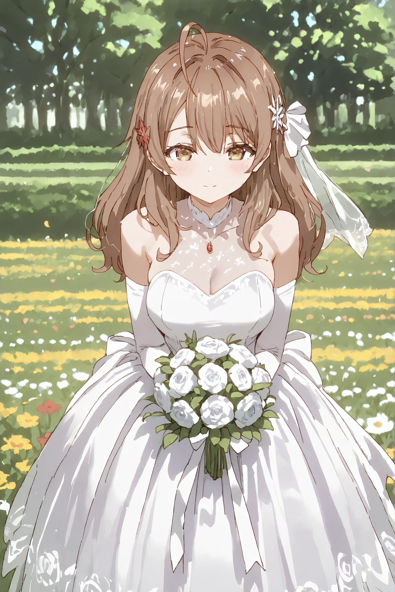 Masterpiece, best quality, absurd, asthetic,Maria Mikhailovna Kujou, Brown hair, long hair, brown eyes, hair hair ornament, ahoge, medium shot, wearing wedding dress,in field full of flowers