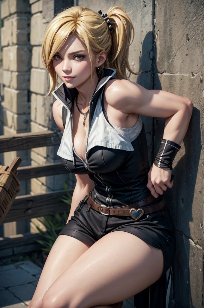 8K,Masterpiece,One woman,Smile,30 years old,blue eyes,Blonde Hair,Short Bob Hair,Ella Freya, a beautiful Dutch YouTuber(Ella Freya),Tifa Lockhart,defTifa,White crop top,elbow pad,Fingerless gloves,suspenders,pencil skirts,