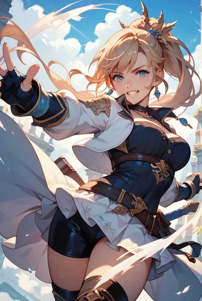 (high-quality masterpiece:1.2), an elf girl with (asymmetrical bangs:1.3) and a topknot hairstyle. Her short hair perfectly frames her highly detailed face and captivating eyes, complemented by her (white blonde hair, deep blue eyes:1.2). She possesses a perfect body with big breasts and a well-endowed figure. Radiating grace and beauty, she stands amidst a sprawling battlefield, witnessing the chaos and fury of war. Yet, she remains resilient and strong, leading her people with unwavering spirit and wisdom. By Yusuke Murata.