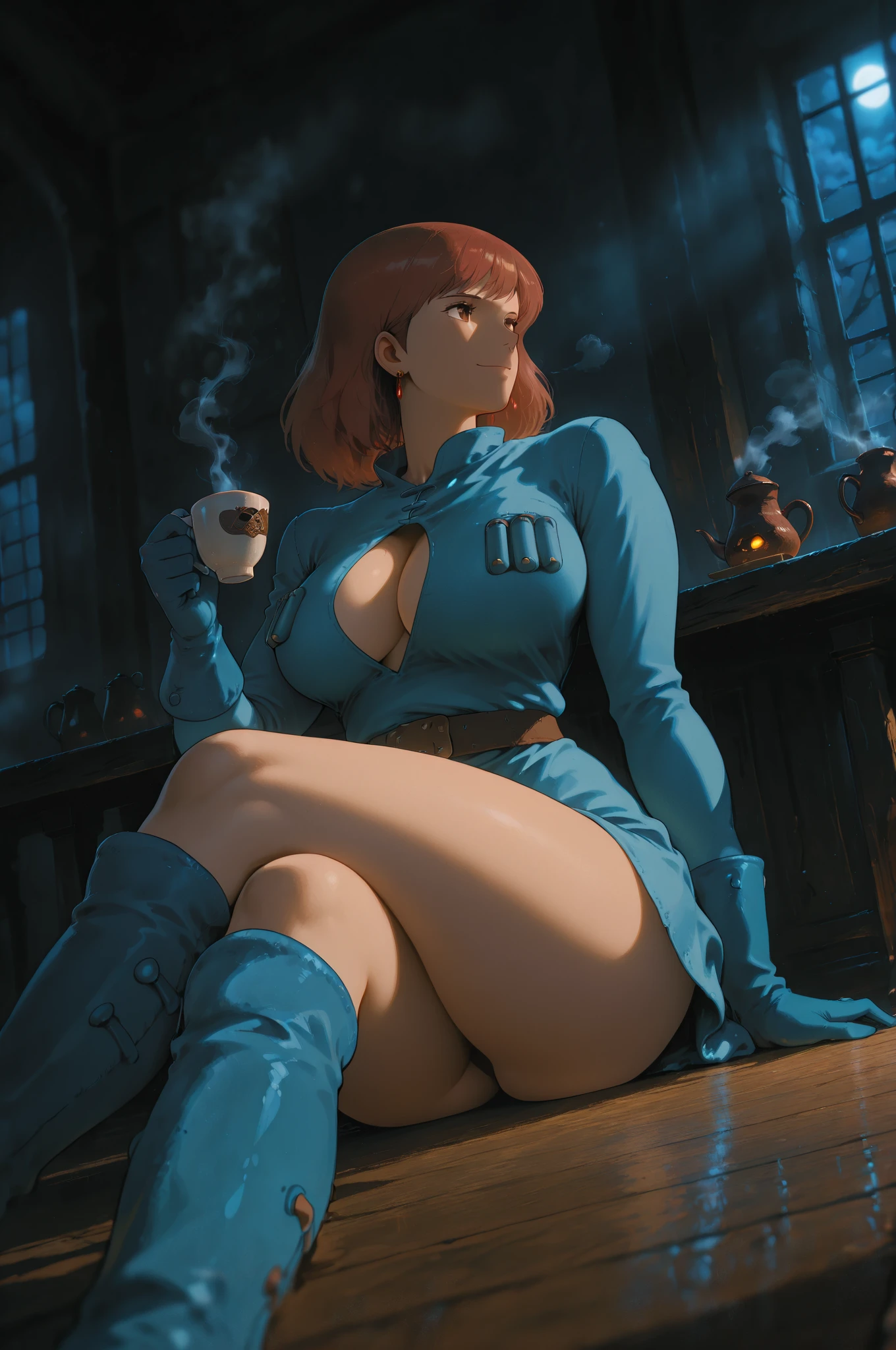 Ranmachan, Red hair, Braided hair, blue eyes, detailed eyes, pleasure face, thighs, big breasts, Whole body, pose vulgar, vulgar, vulgar breasts, very big neckline, big breasts,Holding coffee, breastmilk,etailed eyes, detaield hands, detailed face, elf woman, full body
