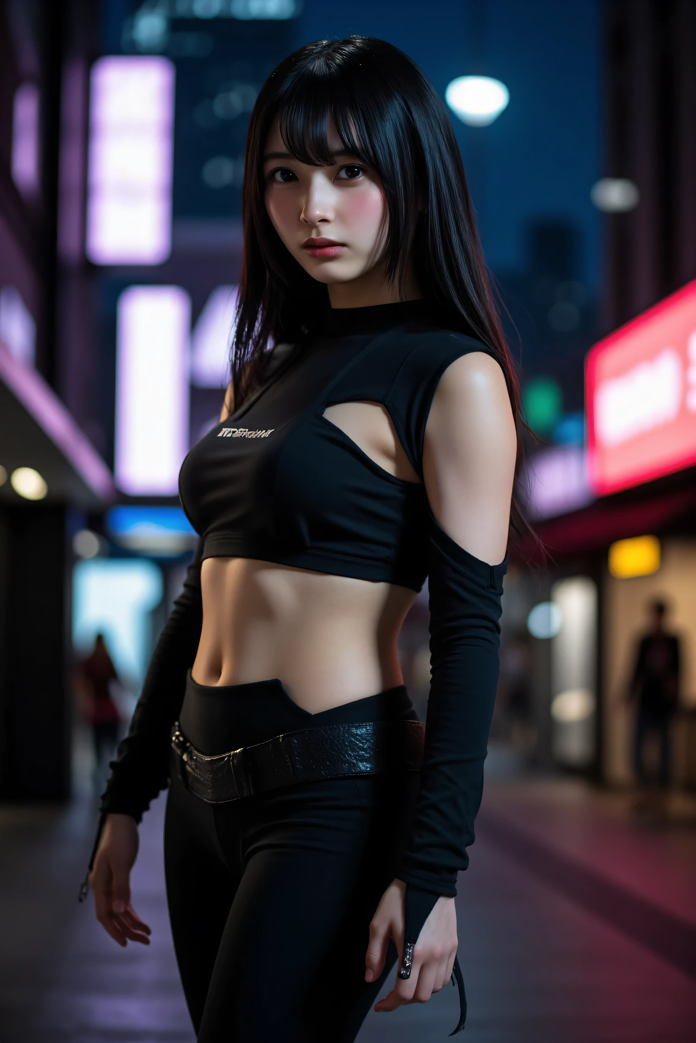 (((professional: step by step, considering even the smallest detail god level final result))): "Zettai Ryouiki, 50% Revealing clothing, Show skin, ((Rave shirt, Low-cut shirt, Rave miniskirt, Visible thong straps)), (with a rave outfit:1.2, 50% Rave clothing), (Detailed outfit, Detailed clothing), (sexy walking pose), Solo focus, embarrassed, centered, Scale to fit dimensions, Rule of thirds, ((Night view)),(cyberpunk night street Background: 1.5, dark sky, alley, lonely alley, clouds thick, Background with intricate details), (Best quality),(high resolution),(Sharp focus),(intricate details),(Very high quality artwork),(very fine 8K CG),((perfect piece) ), (((Masterpiece))), illustration, vibrant colors, high contrast, selective lighting, double exposure, HDR (high dynamic range), Post-processing, Background blur"