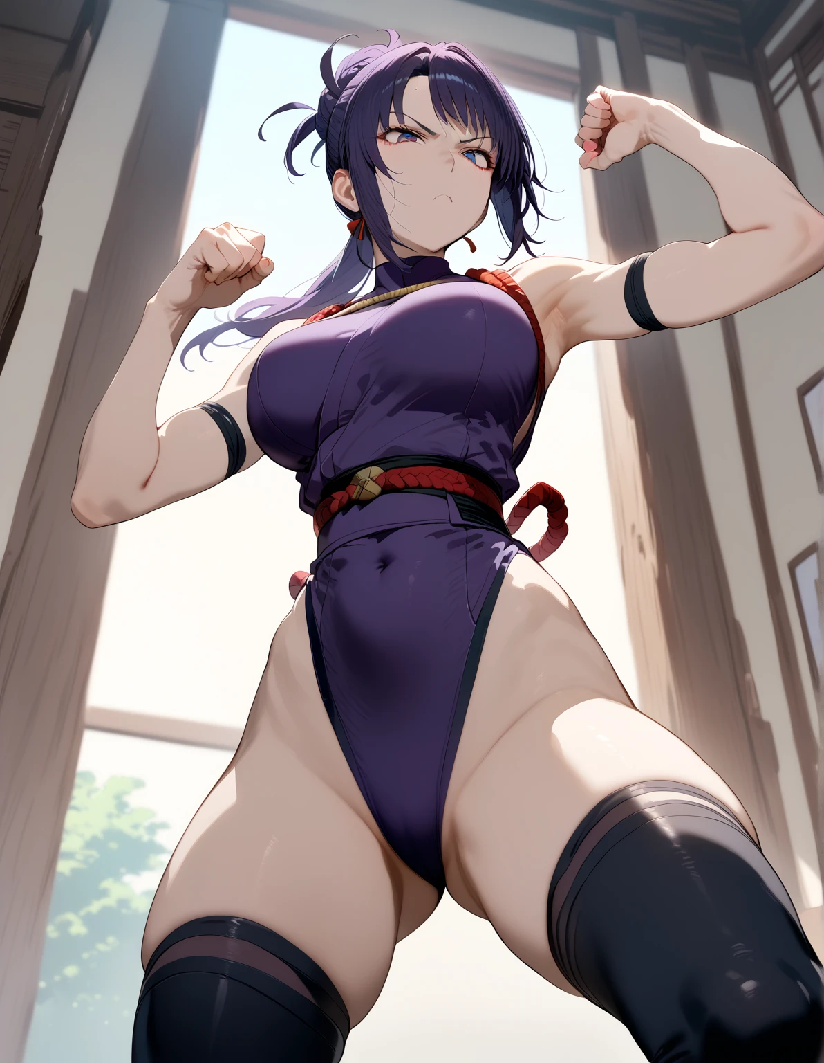 1girl, white background, black hair, closed mouth, japanese clothes, kimono, hair bun, looking at viewer, black eyes, single hair bun, brown eyes, short hair,emma \(sekiro\),(shiny skin),(mature female:1.2),tassel earrings, cleavage, full length, ((kneeling, arms behind back, bound arm, bound wrists, bound legs, wrists behind waist, rope bondage, shibari over clothes)), (skinny girl:1.3), small breasts, crotch rope,