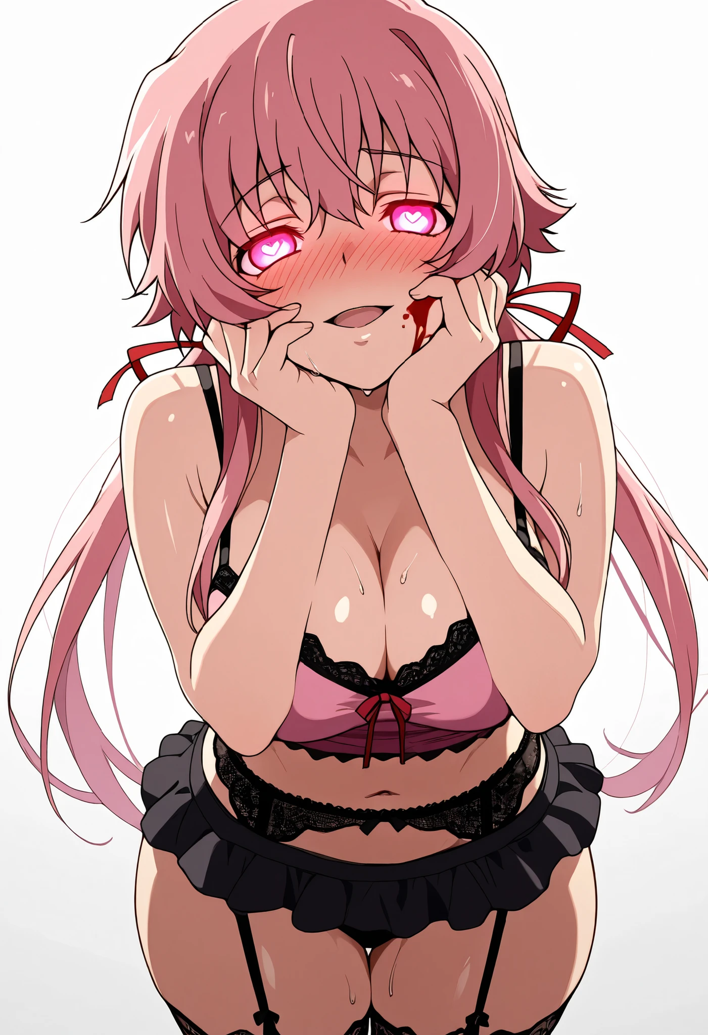 nsfv, score_9, score_8_up, score_7_up,source_anime,Yuno Gasai, Yuno Gasai, 1girl (, curved, pink hair , pink eyes, nice legs, thick thigh, thick thighs, nose blush, sweat, sweaty, sweaty:1.3, nose blush, shiny body, shiny hair, clear body, clear hair, standing, nice legs, white background, simple background, solo, FEMALE, SOLO, black lace crop top, navel, midriff, mini skirt, skirt, mini skirt, solo, female, SOLOOO, SOLO, cleavage, looking at viewer, pink lace camisole, black lace garter belt, black lace panties, yandere trance, yandere, hands on own cheeks, hands on own face, crazy eyes, crazy smile, crazy, heart-shaped pupils, glowing eyes, symbol-shaped pupils, hand on own face, open mouth, glowing, blush, looking at viewer, thick thigh, thick thighs, LARGE BREASTS, blood on face, yuno gasai, long hair, pink hair, pink eyes, sidelocks, ribbon, red ribbon, hair ribbon, twintails,