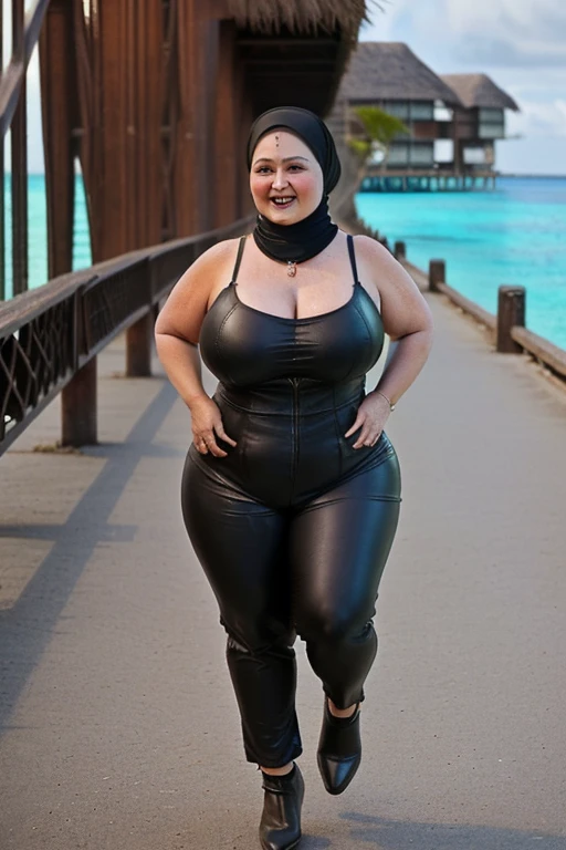 Arab Woman in street, curvy body, very detail ,wide hips, loong legs ,thick high, full body in camera, wearing strap wedges, She's dresses (Dark gray satin headscarf))