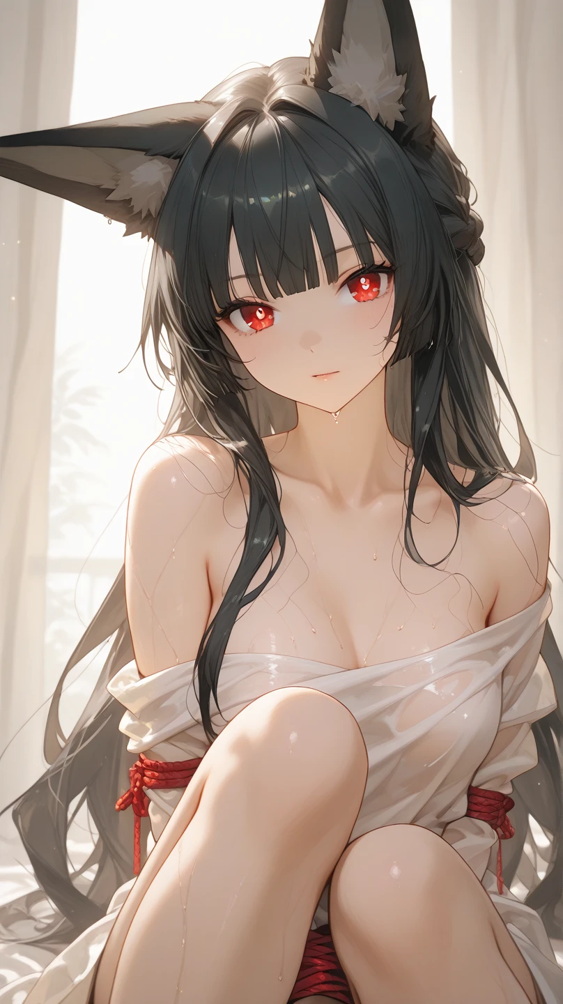 ,girl,best image quality,,black hair,,black eyes, white skin,,long hair,ponytail,half eyes,,wet with sweat,naked,tits,On your back,kimono,Scarlet Hakama,,shrine maiden,,Tatami room,,small,small breasts,spread legs,