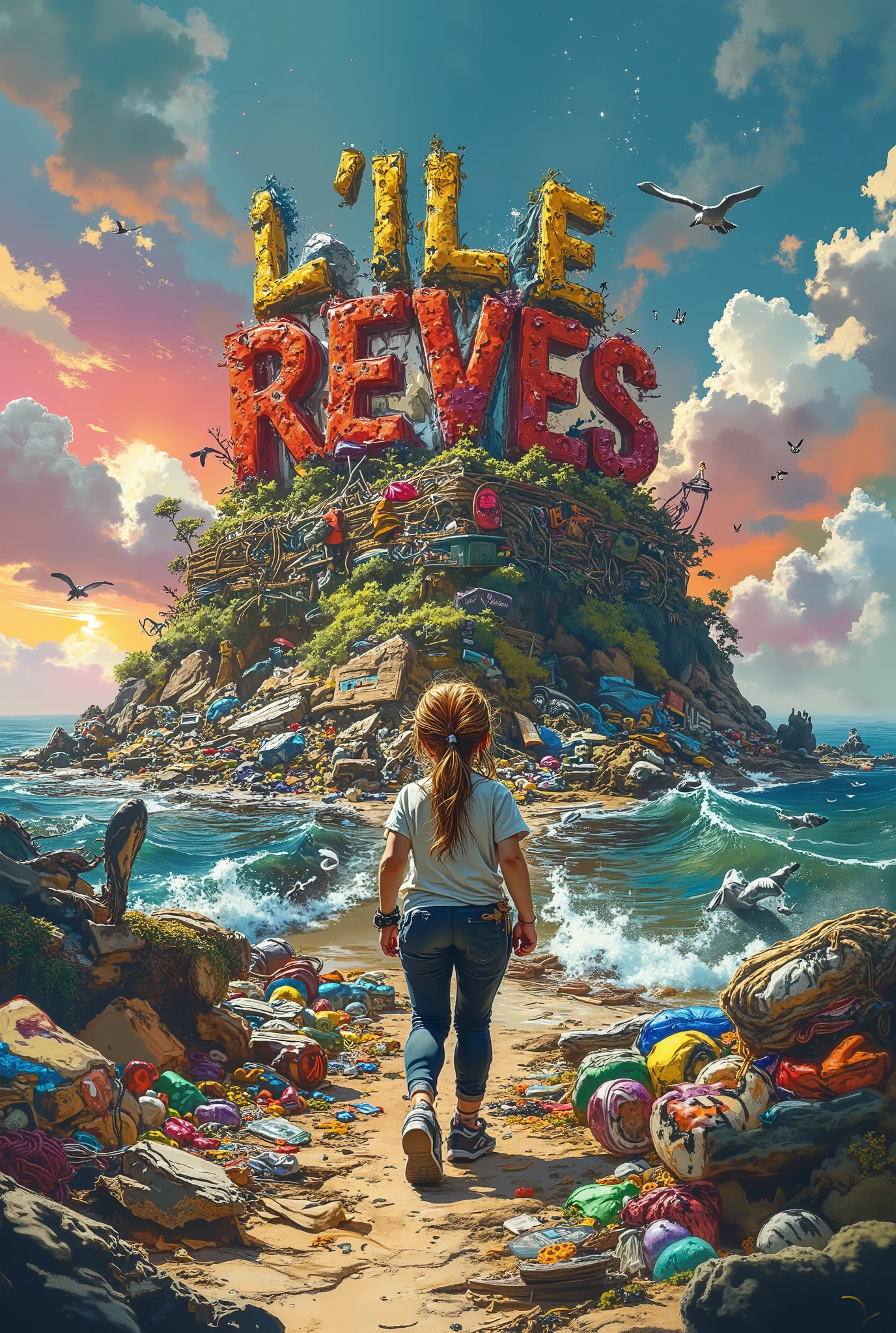 A whimsical, vibrant illustration featuring the title : “L'ILE des REVES PERDUS” made in recycled waste, garbage damaged letters in a grunge, gross, cartoon font, this title on top of a nasty polluted island hill of trash, a dirty ocean around filled with black oil, fishing nets, plastic bottles, plastic bags, cardboards, papers, boxes, computers, electronic devices, broken stuffs, tv screens, miscellaneous equipment, seaweeds and cans floating on water with dirty waves. A  girl seen from behind, long blonde hair pigtails wearing a legging, t-shirt and sport shoes, is walking on a sandy filthy path beach leading to this island littered with rubbish and wires. All in a joyful and colorful scene, Sunset lighting mood, backlight, night sky stars and little seagulls far away, at dusk with clouds in a dreamlike background, fantasy, original perspective in a ren’s book style