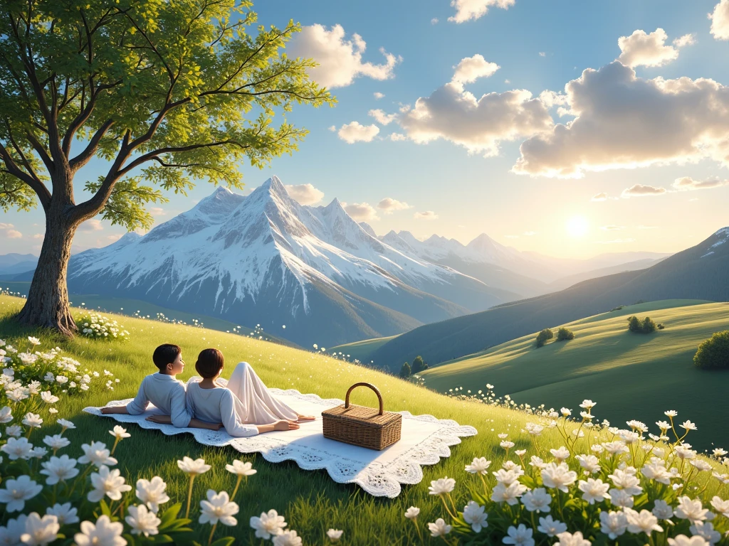 Grassy hill with flowers, lone tree, summer blue skies, fluffly clouds, on the hill sits a picknick basket on a blanket, a couple lies on blanket looking out on the vista, detailed faces, realistic hands,[Background with] Rolling foot hills leading up into a snow covered mountain range with the sun setting to the right