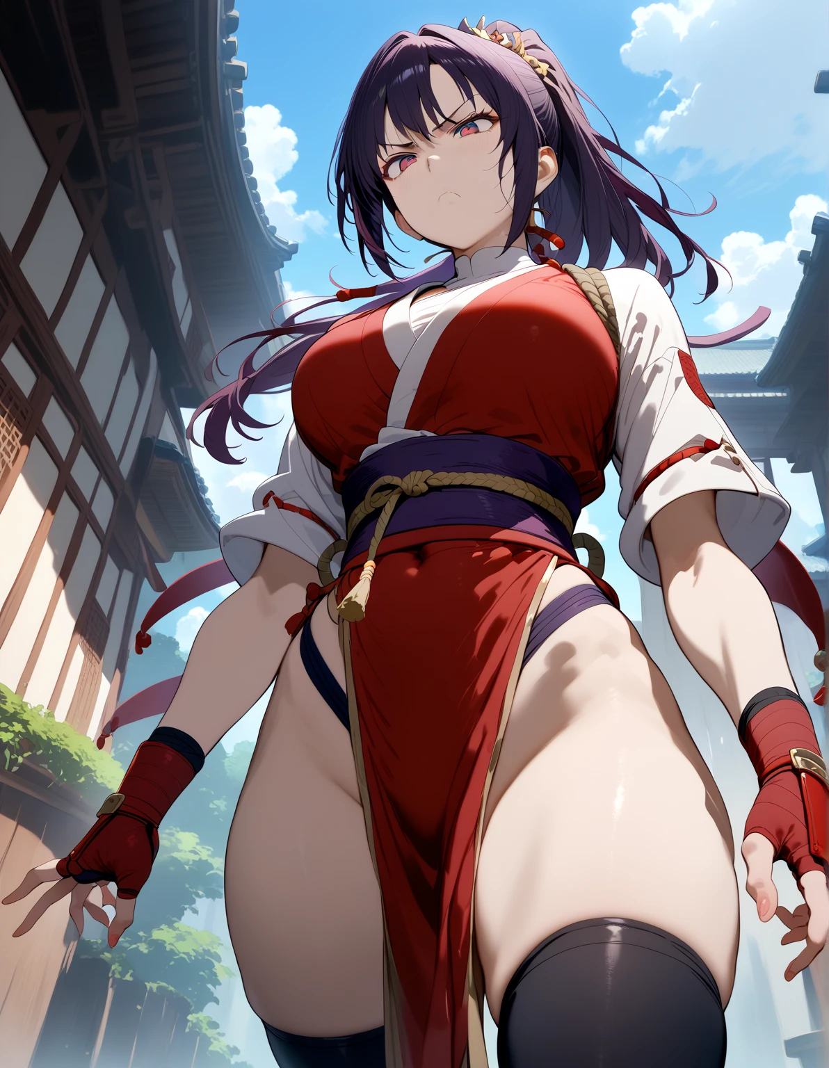 masterpiece, best quality, beautiful art, high resolution, well formed hands, body and fingers, 1 woman, solo, Karin Maaka, grown up , adult, hair ribbon,big breasted, cleavage, full body, long hair, hair ornament gorgeous legs and thighs, cosplaying as Mai Shiranui , she is fighting in a combat match at a martial arts tournament, she is getting ready to fight, making her guard pose, action and fighting scene, about to hit the viewer, looking at the viewer, sweating , feeling confident and proud, smiling joyfully and happily, charming her opponent with her beauty, bouncing breasts, fighting scene, martial arts tournament on the beach