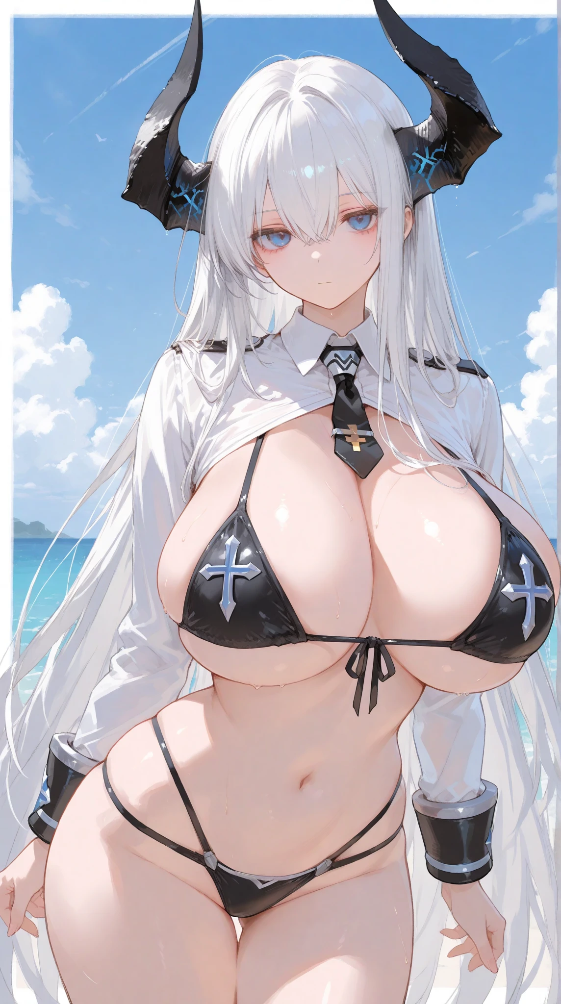 1girl, 1boy, paizuri, penis between the breasts, breasts squeeze together, naughty pirate girl, eye patch, sweaty, bikini, pirate hat, smug, pirate ship, sweaty, cleavage, censored, pubic hair