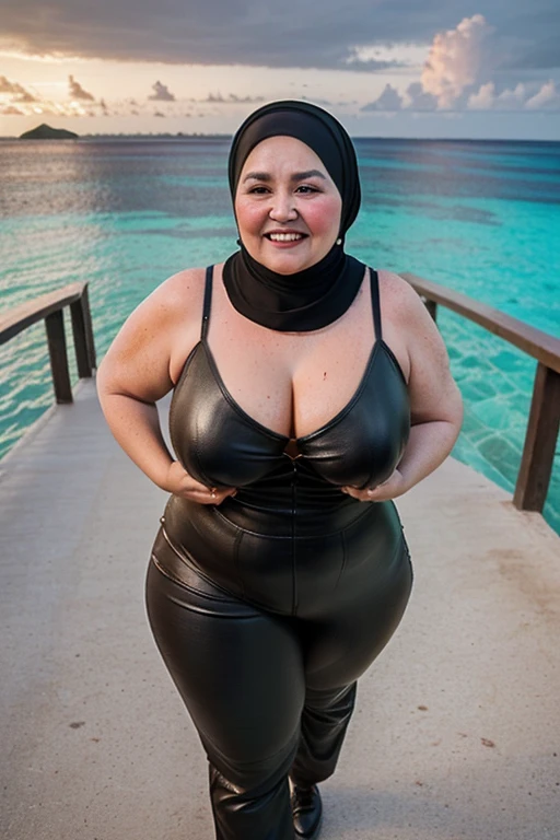 Highest resolution, no blur, highest quality zoom out,realistic, full body pose in frame, sweaty,shiny, wet, standing pose, raise arms exposing armpit,busty gigantic dropy breasts,fair malay mature ,beautiful 60 years old, wearing mini string singlet, wearing hijab, exposed