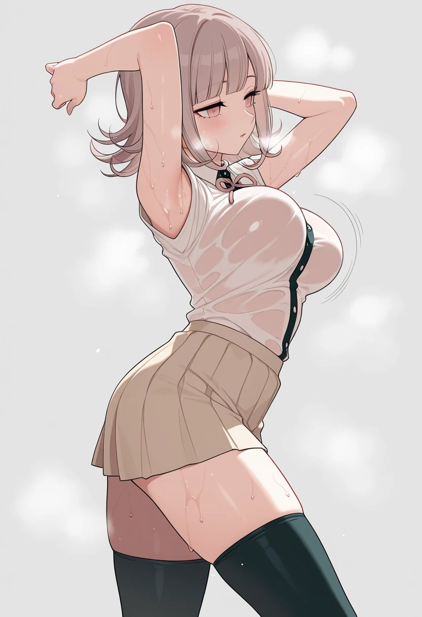 (White background:1.2),1girl,BREAK,blue eyes, cute, Narrow waist,  Toned Up, Large Breasts, Bare shoulders, Short dress, blush,Scared,distress,Open your mouth,(Her skirt is lifted up and her panties are visible,Blue and white striped panties:1.3)