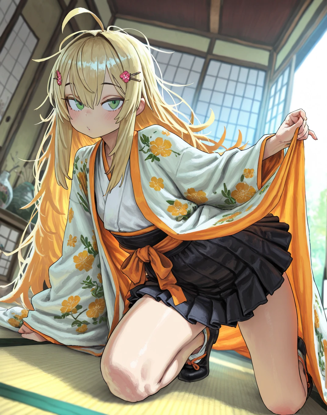 masterpiece, best quality, 1girl, library, <lora:AsiaDxD_V1_Shiku:1.3>, (protruding strand) , bar , green eyes , blond hair, green eyes, Kimono, pub
