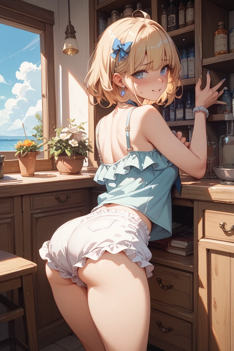 (masterpiece:1.2, best quality), (finely detailed beautiful eyes: 1.2), (extremely detailed CG unity 8k wallpaper, masterpiece, best quality, ultra-detailed), (masterpiece, best quality:1.2), 1girl, female solo, huge breasts, rounded breasts, shining breasts, perfect eyes, perfect face, perfect body, seductive, smile, looking at viewer, cleavage, phSaber, phAltoria, yellow hair, yellow lace lingerie, yellow lace bra, yellow lace panties, seductive, blush on face, sitting, on her knees, from behind, behind, ass, rounded ass