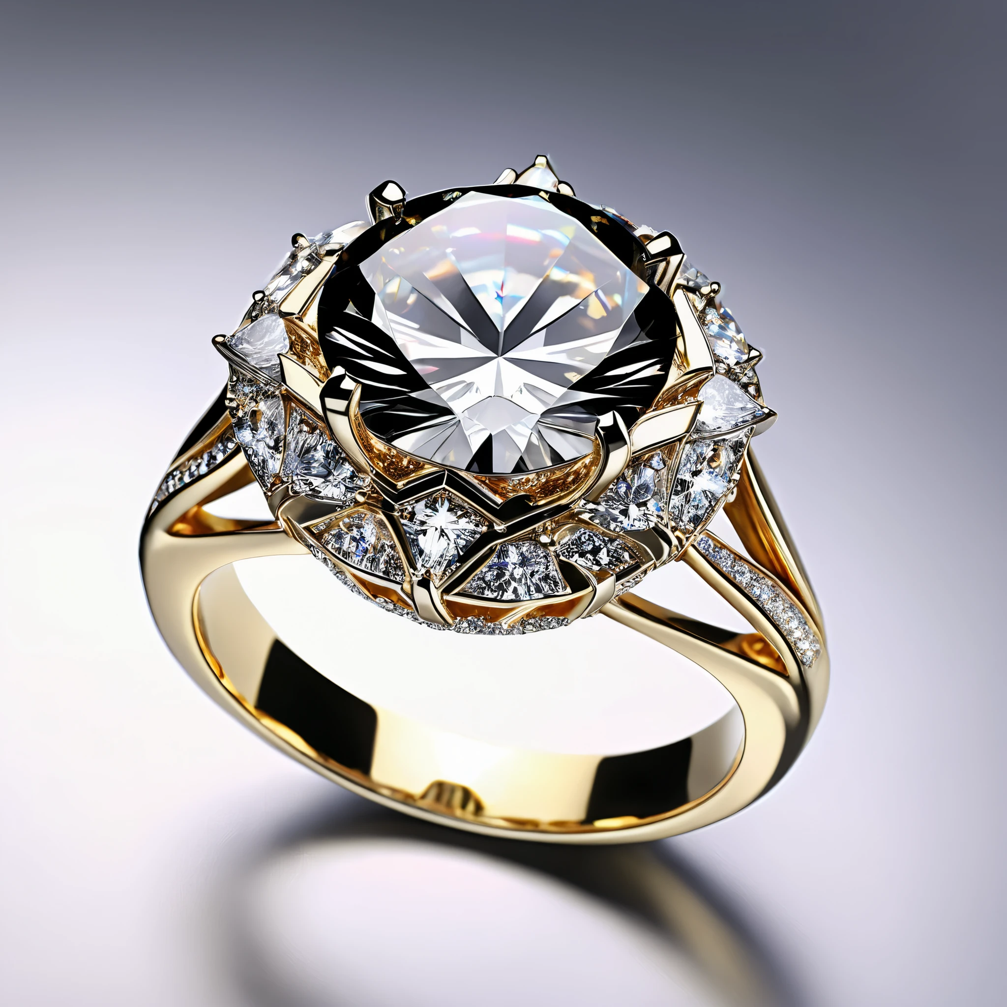 Engagement ring, ultra-realistic, photo-realistic, ultra-detailed, insane 3D Rendering, 8K Octane
Macro photography view of an engagement ring, with a 13 catat diamond 💎. One large diamond is shaped with extreme precision.The gold band has a swirl design that leads to the platform claw that grips the solitary diamond, which is the solitary star of the show Luxurious, detailed, the kind of ring that lets people know that a man loves this woman. The ring is inside of a luxurious box with black felt inside. A light above the open box hits the diamond showing the insane shine and blinding reflective sparkle and twinkle that looks like burning stars inside of the inner space of the multifaceted diamond, that is truly a work of art.