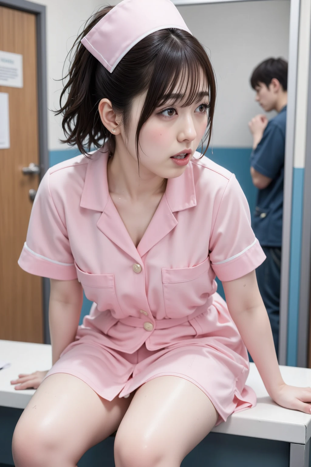 ((highest quality, masterpiece :1.3)), Photorealistic、Ultra-high resolution、Natural skin texture、Hyperrealism、Reflection from the waist up、Beautiful Japanese girl in her early s、One girl、Chain bondage、Pink nurse uniform、Lying in bed、Frightened expression、Tears flowing