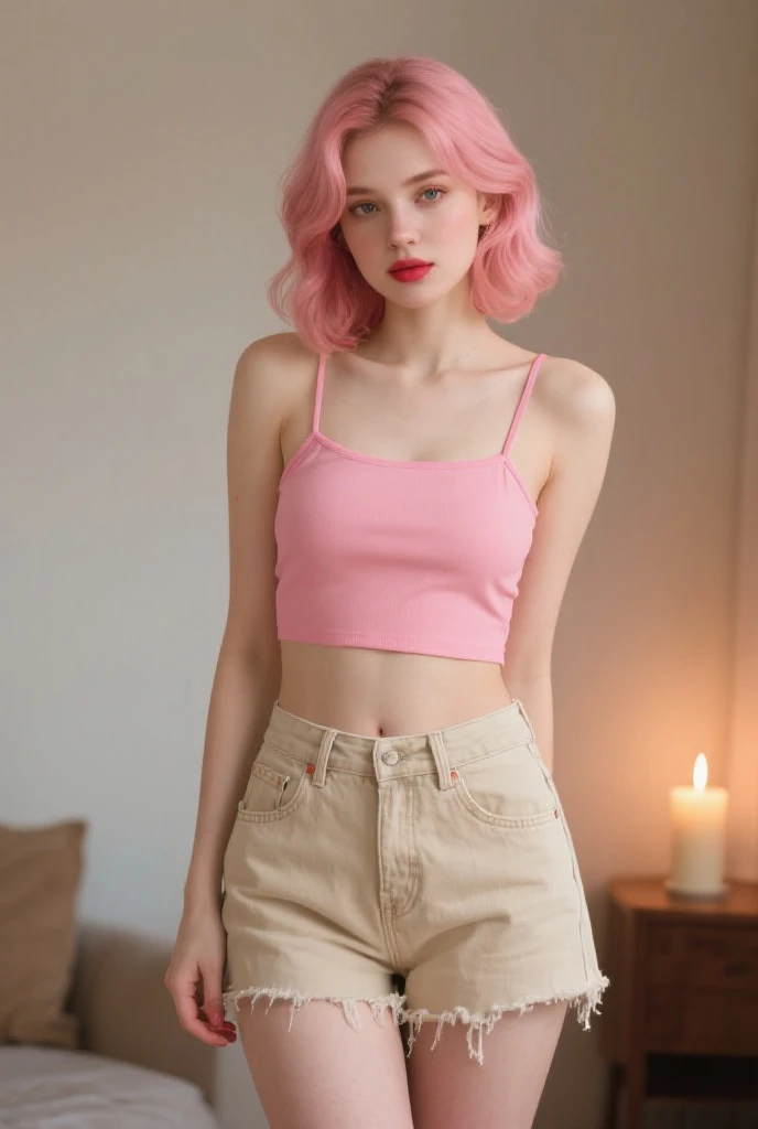 generates an image of a cute girl with cute hair with a piercing in her lip, just one with a cute face with a bit of flirty but average makeup and Korean lips with blue eyes, cute face with a cute body and wearing a loose pink t-shirt. pastel and white, mini skirt