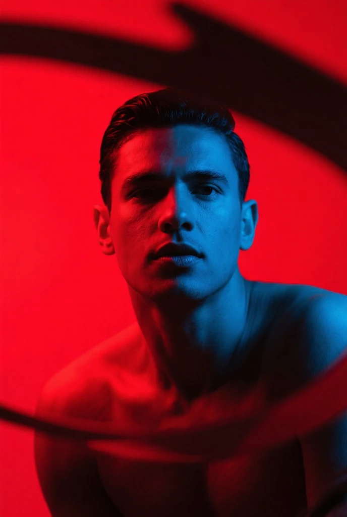 creates a young, muscular man with a naughty face without a shirt and wearing a towel in a red environment. super realistico