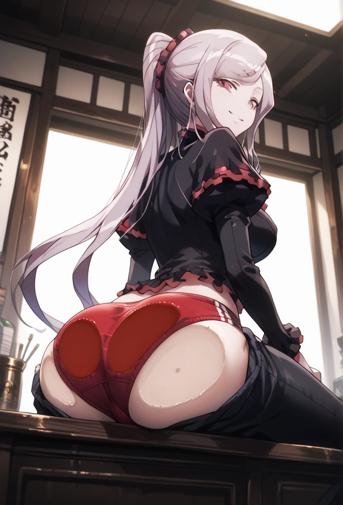 Ayame, long grey hair, red eyes, horns, naked, huge butt and boobs, asshole wide open, close up asshole view