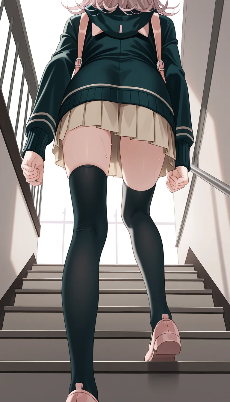 masterpiece, best quality,
view from behind, (view from below:1.7),
1girl, (summer , plaid mini skirt), (white panties:0.8),
purple hair, smile,
turn around, escalator,
