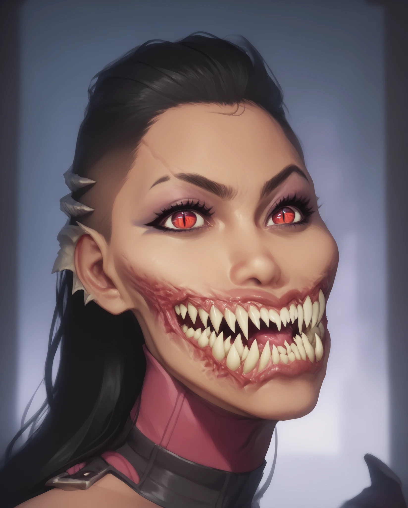 8k, melhor qualidade, mileenamk1, mostrando seus dentes monstruosos e lingua gigante, imagem real, detalhes intrincados, ultra-detalhado, ultra high resolution, campo de profundidade,(photorealista,realista:1.2),obra de arte, foto de mileena, olhos verdes, cabelo preto, decote, Sozinho, exalando poder, batalha, olhar de superioridade sol, blue sky, melhor qualidade, realista, photorealista, (detalhes intrincados:1.2), (delicado detalhado), (cinematic light), linha clara, sharp focus, realista face, Rosto detalhado Unity 8K papel de parede, ultra high resolution, (photorealista:1.4),