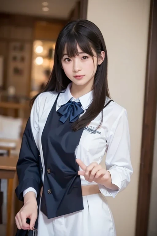 A beautiful young Japanese woman, around 20 years old, wearing a stewardess uniform, ultra-detailed, 8K resolution, highly realistic, cinematic lighting, best quality, masterpiece, photorealistic, physically-based rendering, extremely detailed, vivid colors, professional, sharp focus, studio lighting