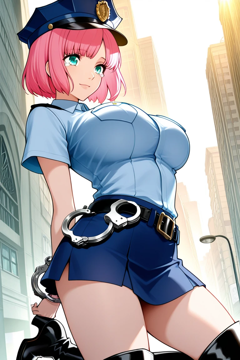 big lips, pink hair, pink eyes, cara japonesa Ahegao, improve, improve grin, two sides up, huge breasts, Wide hips, sexy, detailed, room, Hits, Ahegao, kawaii, police pants, police, GOOD,police costume, police shirt, choker, police pants, police shirt,navel piercing,ropa interior,huge breasts,use glasses