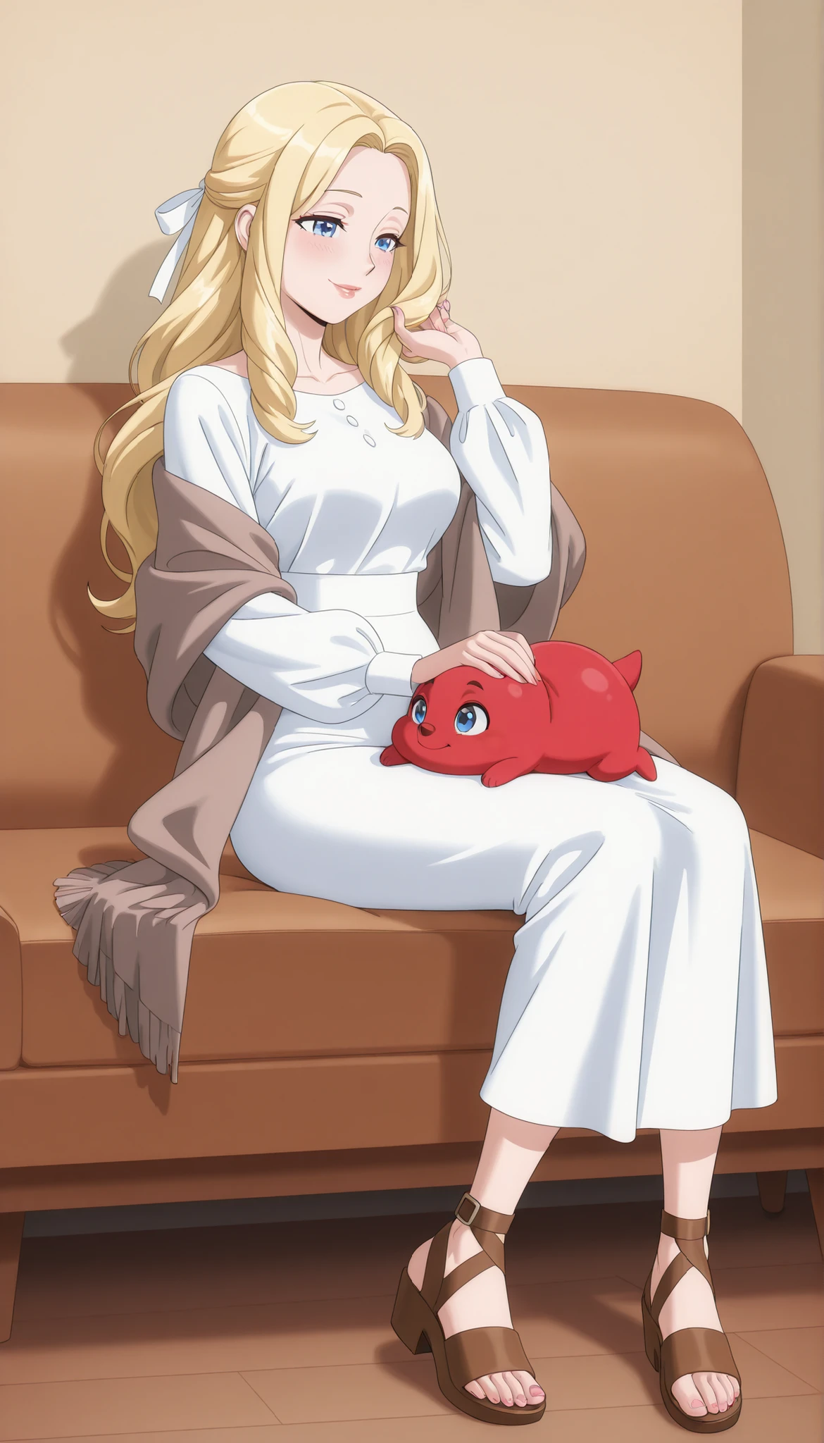 A mature beautiful woman with blond hair, extremely fair white natural skin, big blue-hazel eyes, red plump glossy lips, a small waist, and a perfect slim yet curvy body. She's only wearing a long ankle-length white garment with full sleeves, a long brown shawl draped over the garment, a hair ribbon tied on the side, and brown sandals. She's sitting on a couch, keeping her little baby in her lap, caressing his hair, kindly smiling, and is in a wooden cottage's living room. Show her full body and super hyper-detailed.