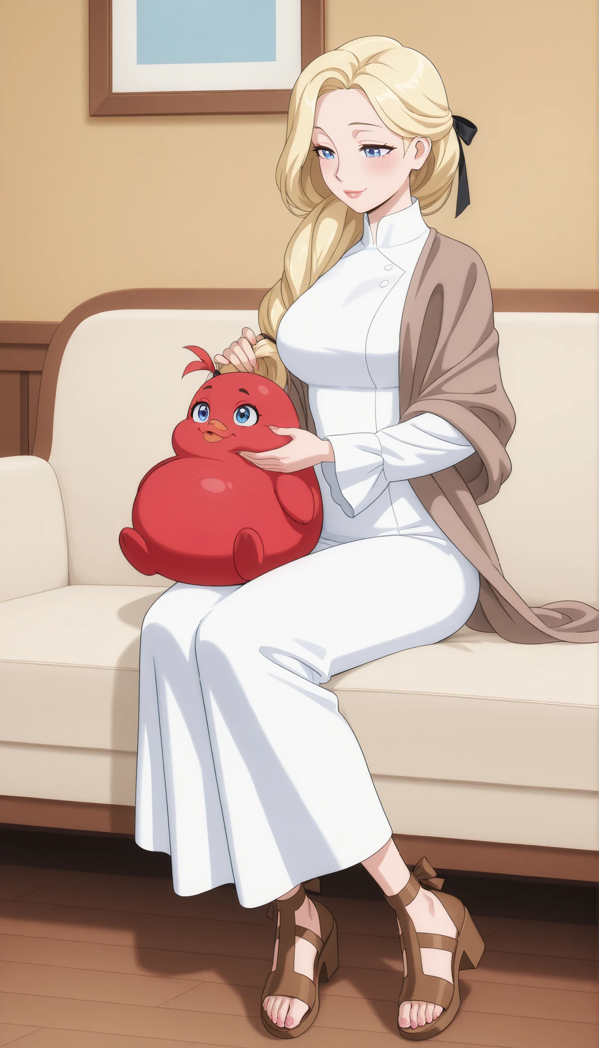 A mature beautiful woman with blond hair, extremely fair white natural skin, big blue-hazel eyes, red plump glossy lips, a small waist, and a perfect slim yet curvy body. She's only wearing a long ankle-length white garment with full sleeves, a long brown shawl draped over the garment, a hair ribbon tied on the side, and brown sandals. She's sitting on a couch, keeping her little baby in her lap, caressing his hair, kindly smiling, and is in a wooden cottage's living room. Show her full body and super hyper-detailed.