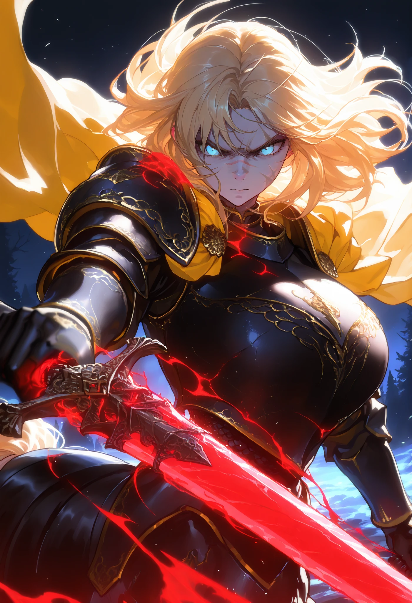 masterpiece, best quality, ultra-detailed, best illustration, solo, night, battle, 1girl, milf, centaur, draft horse, huge centaur, bob cut hair, chin-length hair, bangs, blonde hair, blue eyes, scars on the nose, scar face, freckle, huge breasts, black armor, black dragon scales, horse armor, fur trim, yellow cape, brave, angry, boss, elden ring, intimidating, grandeur, rise, epic, legendary knight, giant sword, dragon sword, holding a giant red glowing sword infront of her, score_9, score_8_up, score_7_up, score_6_up
