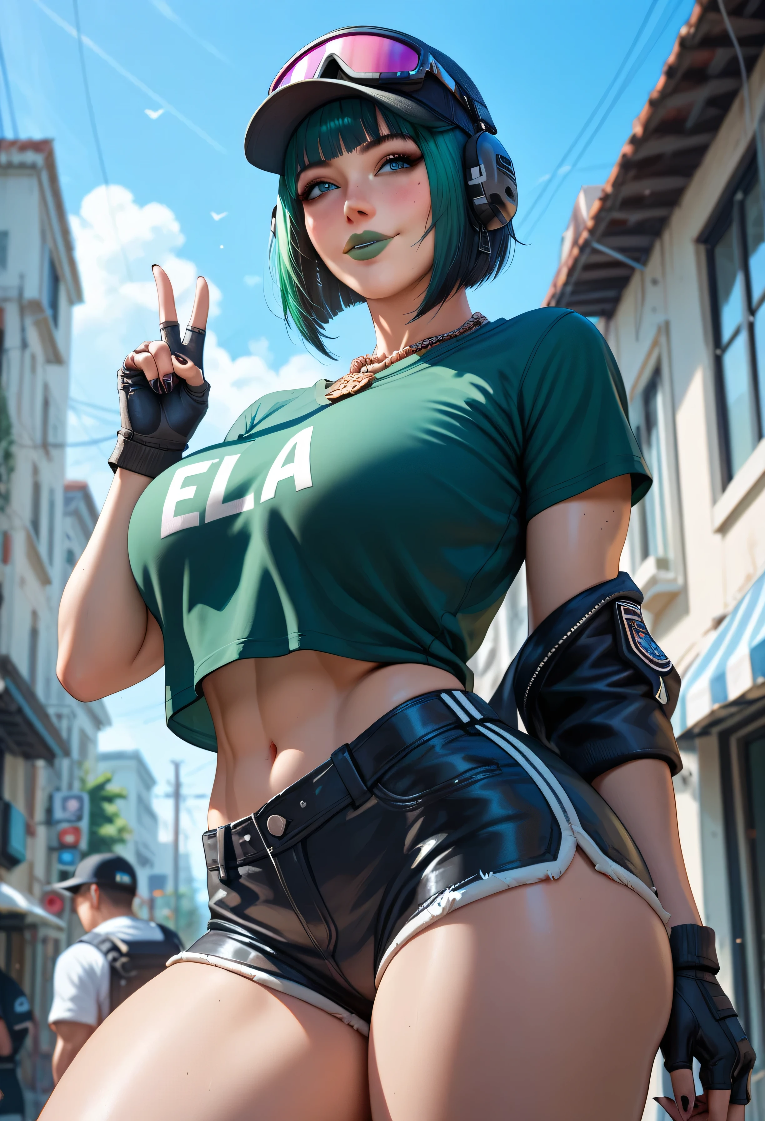 masterpiece, best quality, outdoors, depth of field, lens flare, 1girl, solo, breasts, looking at viewer, elar6, lips, goggles, hat, green hair, fingerless gloves, headset, bikini , hands on hips,